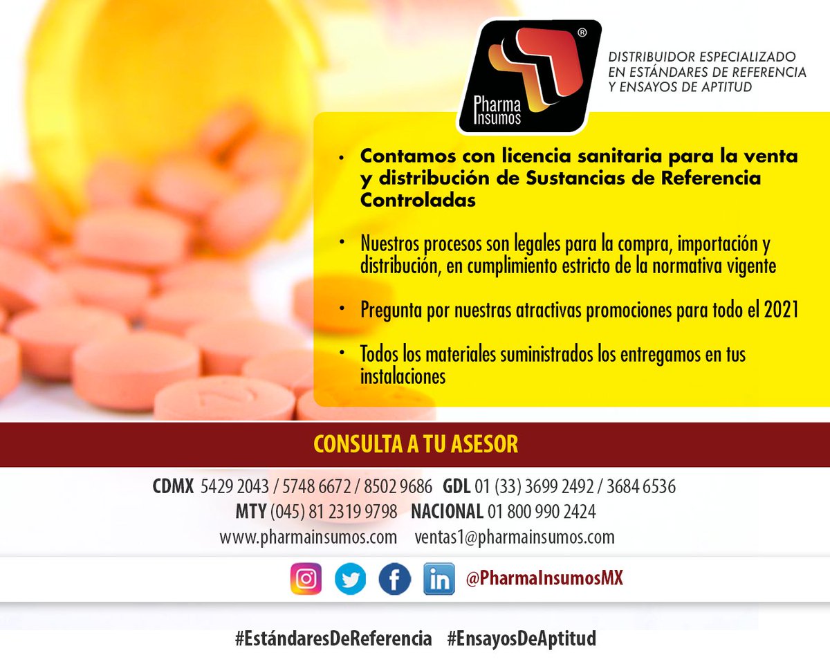 PharmaInsumosMX's tweet photo. Si requieres Sustancias de Referencia Controladas con entrega en tus instalaciones, Pharma Insumos cuenta con toda la logística para que tus adquisiciones sean lo mas adecuadamente posible. 🧪
#sustanciascontroladas #yosoypharmainsumos #estándaresdereferencia #ensayosdeaptitud https://t.co/7xrCbPZyog