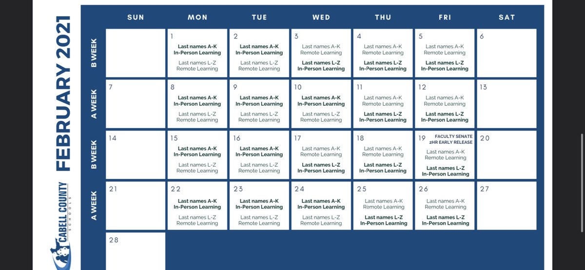 CabellHms's tweet photo. Middle school students will be divided into two attendance cohorts; students on an “A Week Schedule” and students on a “B Week Schedule.” These attendance cohorts will alternate each week. Wednesdays will no longer be remote learning days. #MyCabellScools https://t.co/PvdUzyO9uJ