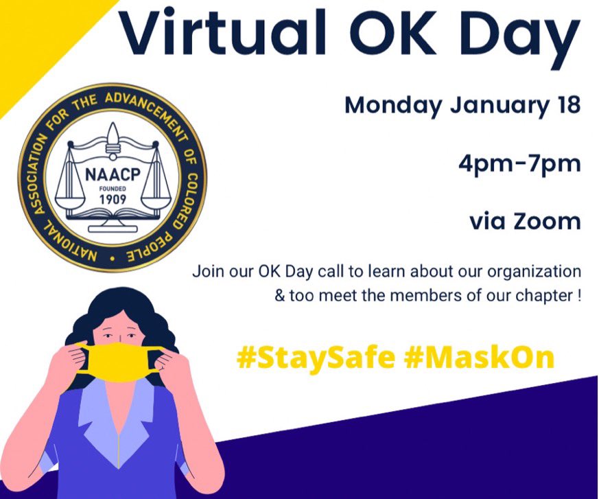 CcuNaacp's tweet photo. Come check us out on OK day and meet some of our members!💙💛 Click the link on Monday Jan. 18th @ 4-7pm (Meeting ID: 963 3139 0199
Passcode: NAACPCCU).                      https://t.co/Tyij0r1CYM https://t.co/3ZfhfmaRmd
