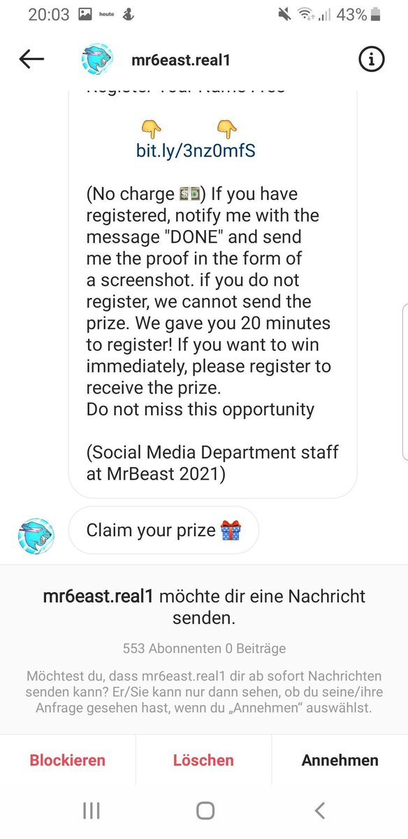 Flayleyy's tweet photo. @MrBeastYT I just followed you on Insta and got these messages...a little sus...maybe you didn´t know that and can now do something against the scammers. #SCAM #mrbeastrewind #YouTube https://t.co/CcCFORz6v4