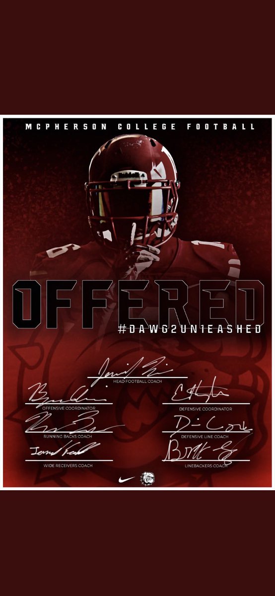 After a great visit, I’m honored and blessed to receive my first offer to further my education and football career at McPherson college!! @MACBulldogsFB @CoachJFisc @PomonaPantherFB @donnel_jeff