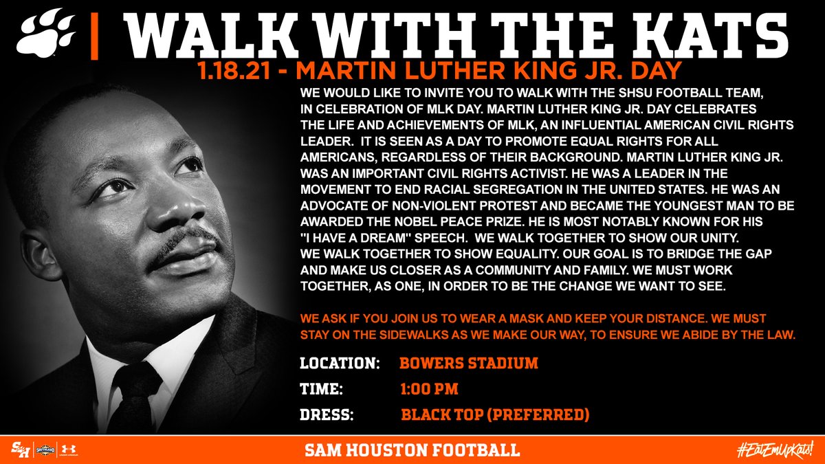 BearkatsFB's tweet photo. On Martin Luther King Jr. Day, we will have a Unity Walk on campus. We welcome all community members who would like to join as well. #MLKDay 

See below for more info: https://t.co/VQJ1tusflc