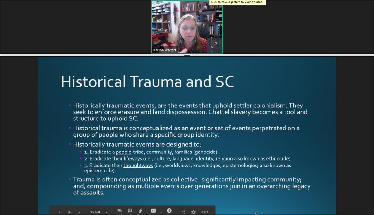 Historical traumatic events are the events that UPHOLD settler colonialism. -  @uwsocialwork's Karina Walters in  @NASW's workshop on White Supremacy.