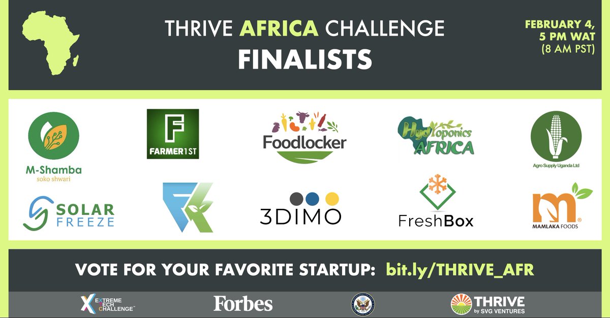We’re pleased to announce the #THRIVEAfrica2021 finalist #startups! Register for the #pitchday and support your favorite startup by voting for them here by Jan. 25, 11:59pm: bit.ly/THRIVE_AFR