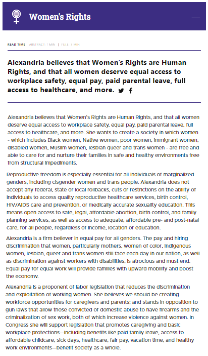 Also throughout 2020, there were various points where her site didn't mention abolishing ICE under either tab, absent from BOTH Women's Issues AND Immigration Issues. Again, this begs the question of WHY. These snapshots are from July 27th, 2020. https://web.archive.org/web/20200727153527/https://www.ocasiocortez.com/issues