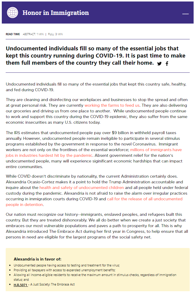 Also throughout 2020, there were various points where her site didn't mention abolishing ICE under either tab, absent from BOTH Women's Issues AND Immigration Issues. Again, this begs the question of WHY. These snapshots are from July 27th, 2020. https://web.archive.org/web/20200727153527/https://www.ocasiocortez.com/issues