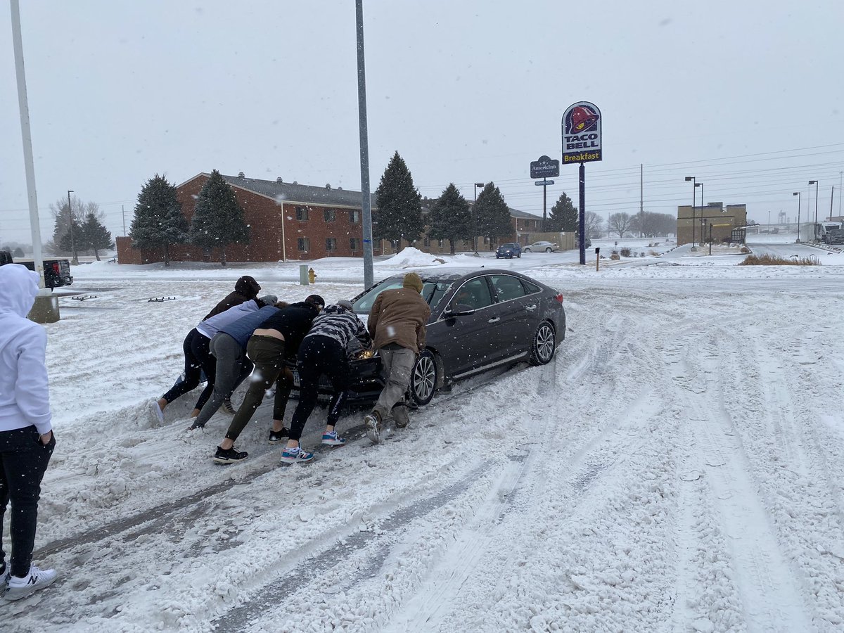 Big 3-2 OT win this morning.  Blizzard in Sioux City. Good samaritans on the way back to hotel from lunch.