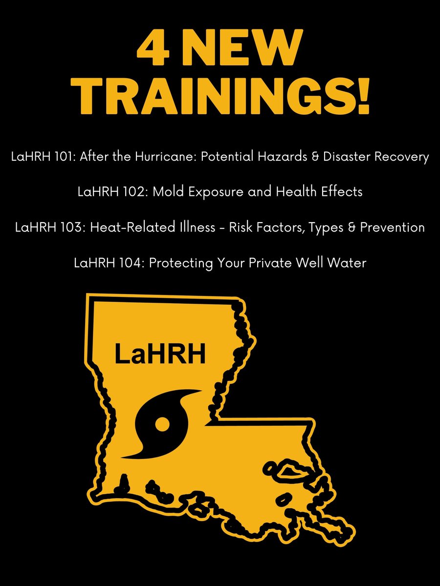 🚨 4 new <a href="/LouisianaHRH/">LouisianaHRH</a> trainings launched! 🚨

Training topics include potential hazards &amp; disaster recovery, mold exposure &amp; health effects, heat-related illness &amp; protecting private well water.

Visit lms.southcentralpartnership.org to enroll today! #HurricaneResponseHub #PublicHealth