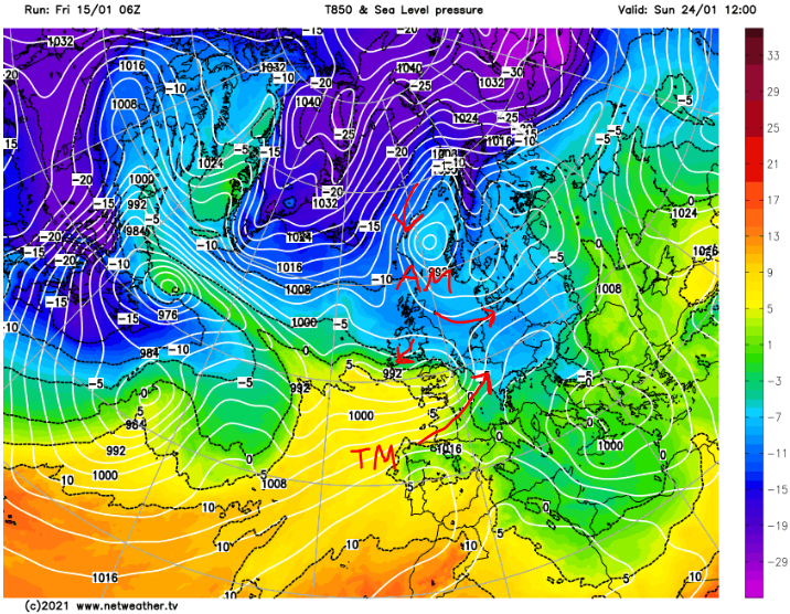...while at the same time, new lows advance on  #Europe from the west. This is where it may get dramatic.As advertised for a week now, clashes of cold & mild air look to occur. On cold side, freezing temps &  #snowfall. On mild side, springlike temps!Positioning VERY uncertain.