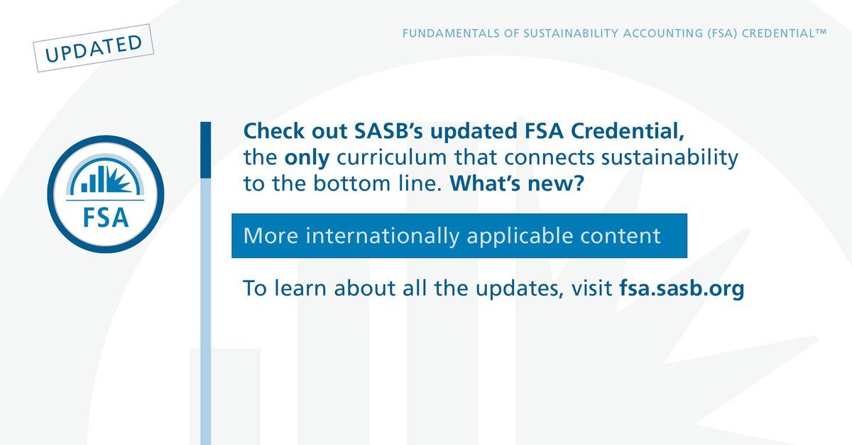 SASB's tweet photo. Learn more about our updated FSA Credential Level I curriculum! We’re hosting a webinar Thursday, Jan. 21 at 11am ET! Learn how the #FSACredential can help you connect sustainability factors to enterprise value creation. https://t.co/CW1HDFowhu https://t.co/H3eTd996OB