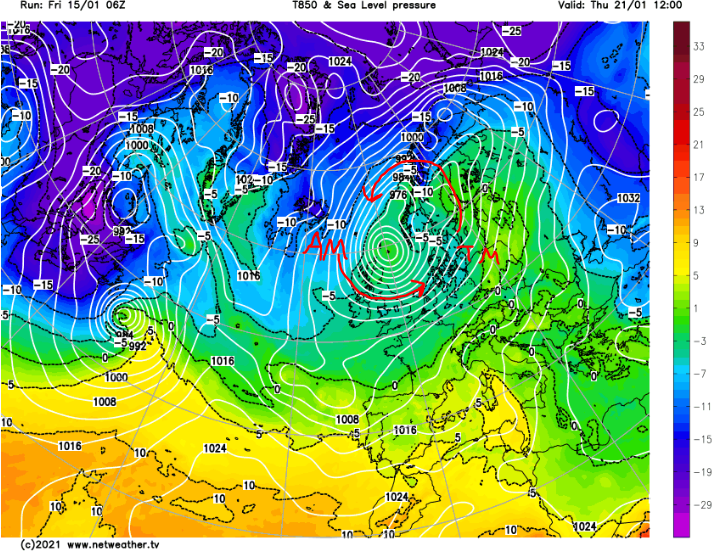 That TM air then mixes with some of the Arctic maritime (AM) air to the north. This means it doesn't become as cold across the  #UK Wed-Thu. Falling  #Snow may be restricted to high ground.Meanwhile, the low draws in more AM air from the north northeast...