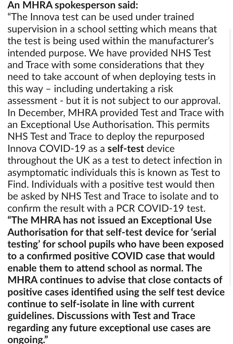JohndickensSW's tweet image. Wow. 
Department of Health said - on the record - the Guardian story about the regulator not approving mass tests in schools was ‘not true’.

The regulator has just sent a statement saying it is true 😬