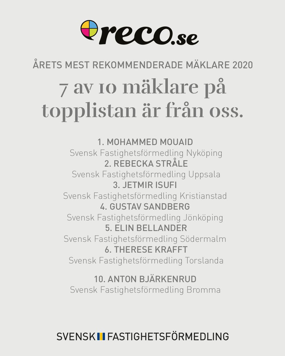 Stolta att ha våra mäklare på 7 av 10 platser när <a href="/reco_se/">Reco</a> presenterade listan över mest rekommenderade mäklare 2020!