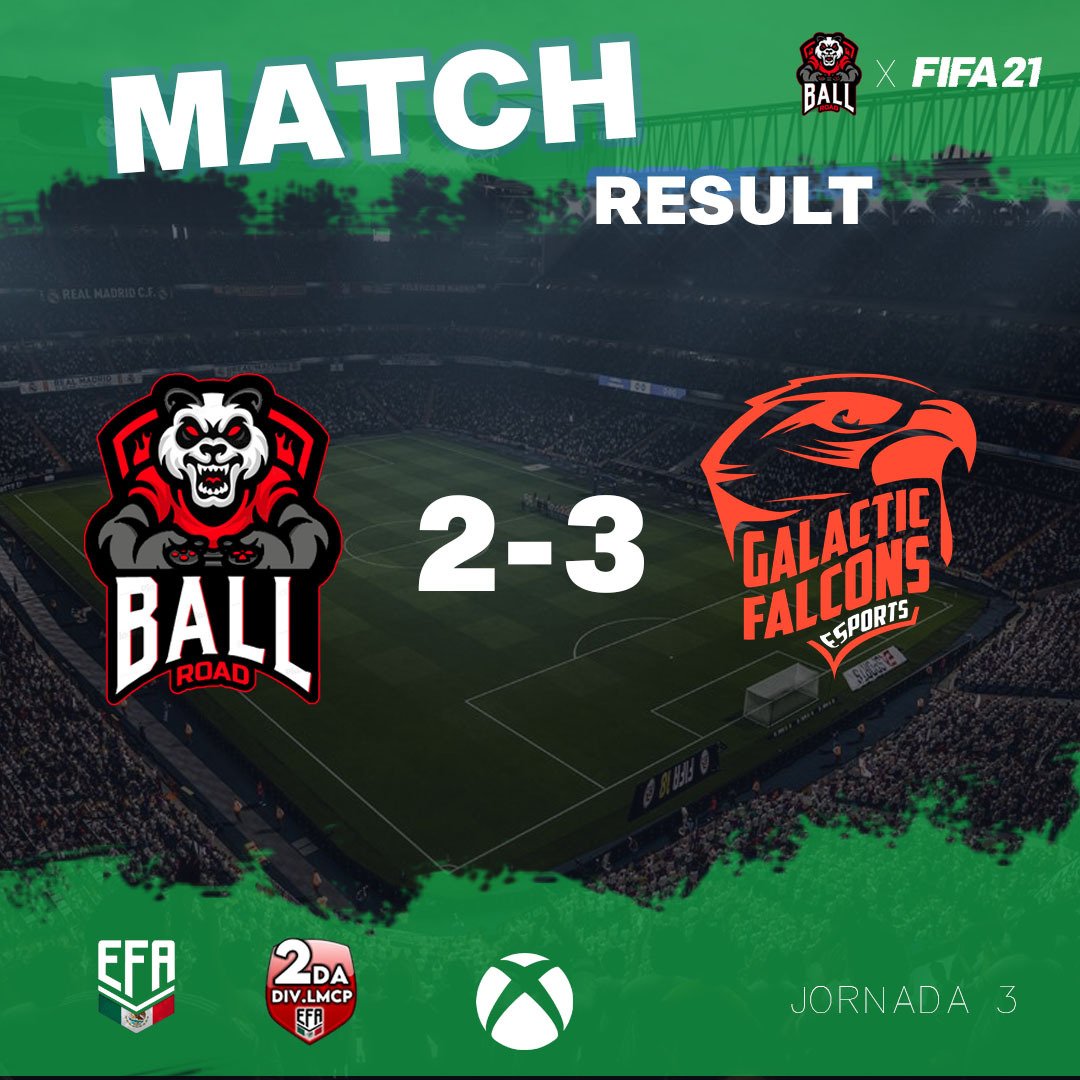 BallRoad2's tweet photo. 🚨RESULTADO 🚨
🆚 Nuestro juego contra GALACTIC FSLCONS
terminó en derrota por un marcador de 2-3 🏆 EFA  / XBOX
 ⚽🎮

#BallRoad | #FIFA21 | #eSports | #soccer | #mexico🇲🇽 | #xboxseriesx | #equipo | #futbol | #balon https://t.co/CgeLI0NSua