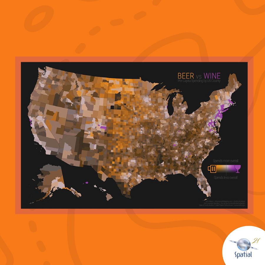 SpatialVision's tweet image. Beer or wine? 🍻
Here’s a fun map by John Nelson on beer and wine purchases across the US! Maybe we should add rum for a Caribbean version. 🤔 Get the full map here: bit.ly/2MONLbA
#SpatialVision #uGIS #geospatial