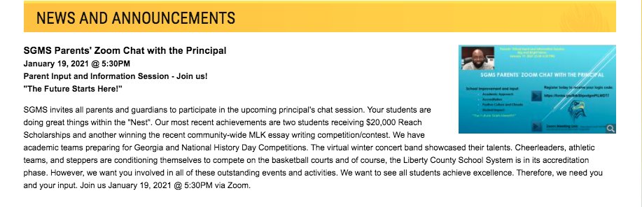 SGT_sgms's tweet photo. SGMS Parents' Zoom Chat with the Principal (Mr. A. Johnson) January 19, 2021 @ 5:30PM
-----------------
Register today for the Zoom Login Code
Registration LInk: https://t.co/cxZp8nDVwq
-----------------
Join this Zoom Meeting
Zoom Meeting Link: https://t.co/WUn0dpmkob https://t.co/0ZjxvmVV5H