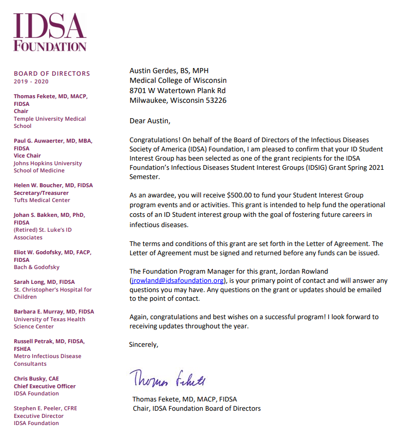 MCW_InfDz's tweet photo. Our Student Interest Group application got accepted!!
Future of ID is bright 🙌
@Austin__Gerdes @tmklaborde @CGGmehlin
CC: @KartikAcharyaID
Thank you @IDSAFoundation @IDSAInfo!!
Very excited for our 2021 plans with our @MedicalCollege MD and PharmD students! https://t.co/LJvDnPEWH4
