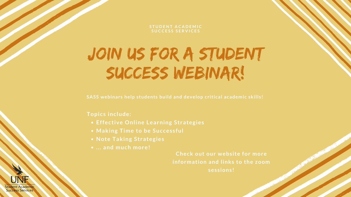 UNFSASS's tweet photo. SASS Student Success webinars are happening now! Join us for workshops that help students develop the skills they need to academically succeed! Check out this post for more information!
#unfSASS #sassTutoring #sassSI #sassPASS #sassWorkshops #supplementalinstruction https://t.co/OWuOhAzWZe