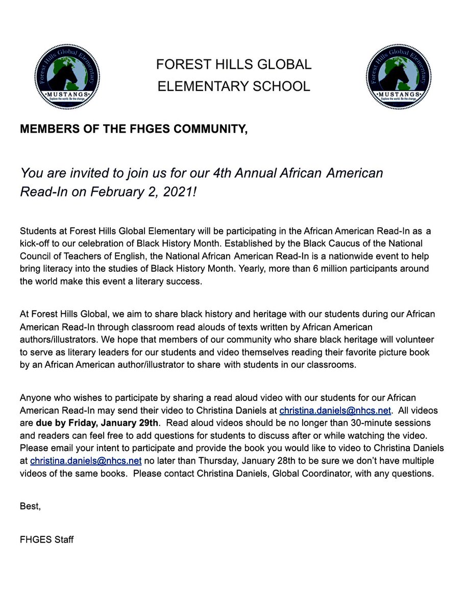 It’s almost February and at <a href="/FHGES/">Forest Hills GES</a> that means we are getting ready for #BlackHistoryMonth celebrations and our Annual African American Read-In!!  Will you help us make it a success virtually?  Details below!! <a href="/NewHanoverCoSch/">New Hanover County Schools</a> <a href="/ParticipateLrng/">Participate Learning</a> <a href="/KimFoleyEDU/">Kimberly Foley</a> <a href="/foustc/">Charles Foust, Ed.D</a> <a href="/LaChawnSmith/">LaChawn Smith</a>