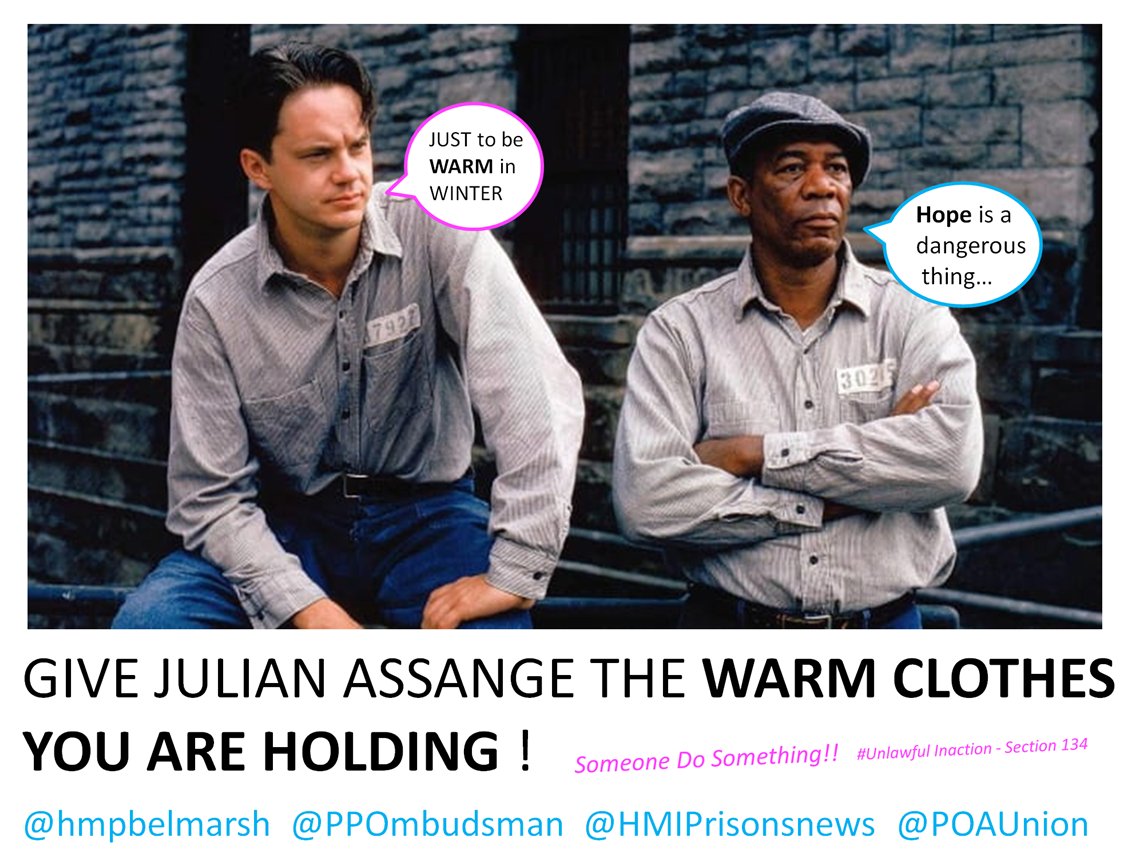 .@BorisJohnson .@RobertBuckland .@cpsuk .@AusHCUK .@HMIPrisonsnews .@PPOmbudsman .@ButlerTrust .@PrisonReformMS 

DAY 15 OF THE YEAR, STILL NO COMMENT FROM ANY OF YOU ON WARM CLOTHES FOR JULIAN....
.@hmpbelmarsh