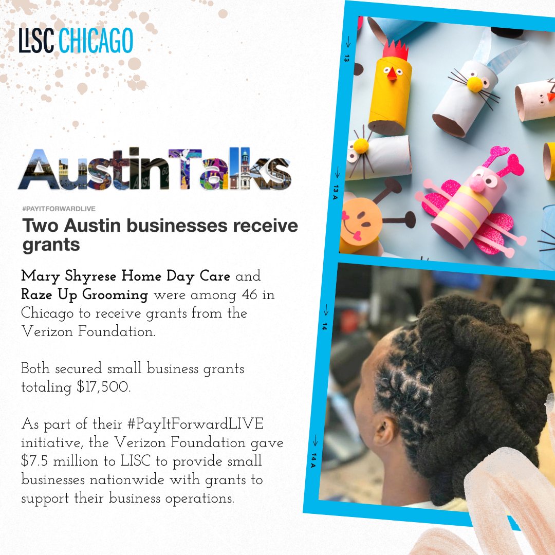 LISCChicago's tweet photo. Congrats to Mary Shyrese Home Day Care and Raze Up Grooming in Austin for being selected as one of the @verizon #PayItForwardLIVE grant recipients!
Read more at https://t.co/jnPJEAuay7. https://t.co/GpTYw14Cfk