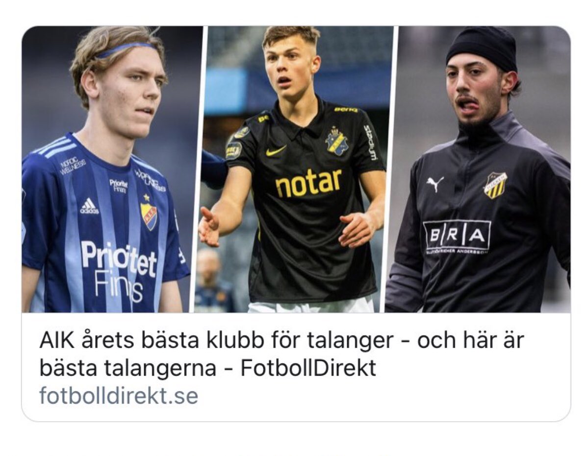 Nesh7NeboAIK's tweet photo. AIK årets bästa klubb för talanger ⭐️⭐️⭐️⭐️⭐️ https://t.co/RGPhQCFGqi
