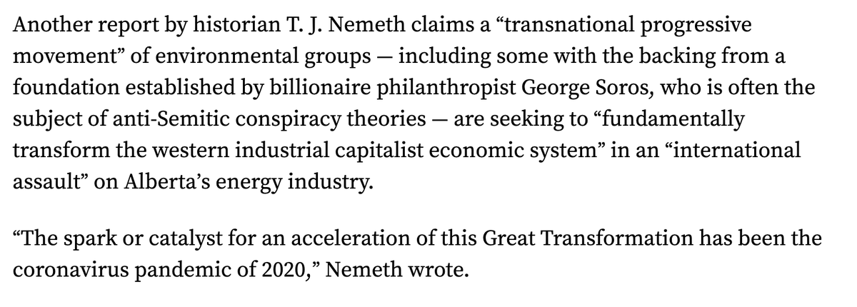 Here's a sampling of what was in the reports. One claimed w/o evidence that First Nations opposed to O&G were being bribed. One referenced Soros. Another was by a U.S. (foreign-funded!) oil lobby group