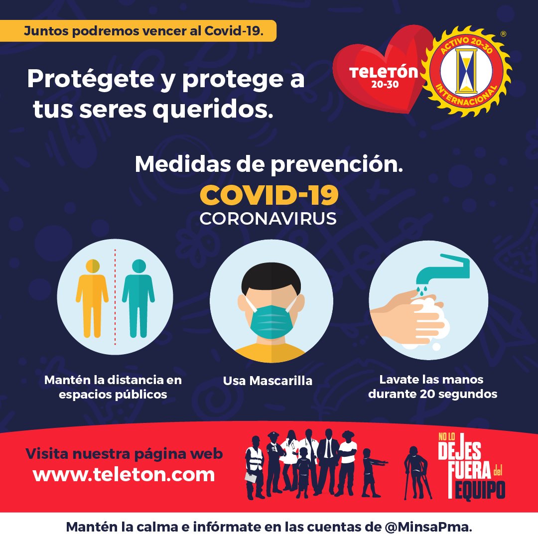 Mantengamos activas las medidas de prevención ¡No bajemos la guardia! y prevengamos los contagios.

Mantente informado y estén pendientes a las recomendaciones del
<a href="/minsapma/">Ministerio de Salud de Panamá</a>
<a href="/presidenciapma/">Presidencia de la República de Panamá</a>
<a href="/csspanama/">CSSPanama</a>

#ProtégetePanamá
#JuntosPodemos 
#Activo2030Panamá
#Teletón2021