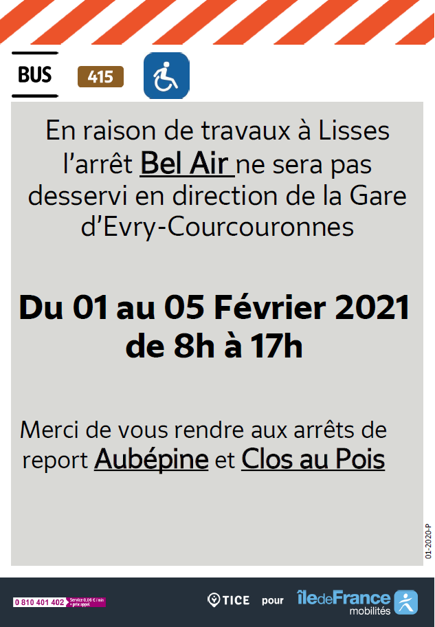 EvryEss_IDFM's tweet photo. #InfoTrafic 🚧Des travaux sont prévus à Lisses du 1er au 5 février 2021. La ligne #bus415 sera perturbée en direction de la gare d'Evry-Courcouronnes de 8h à 17h. Bonne journée!🚌 https://t.co/c1UpvzNEXT