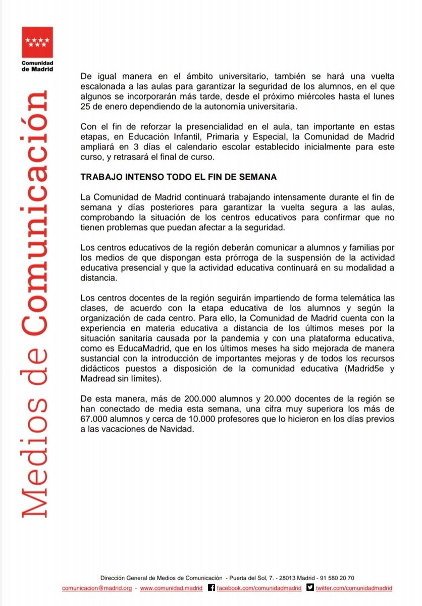 ce_fuenllana's tweet photo. ⭕Atención❗

Nueva prórroga de la suspensión de la actividad presencial en los colegios de la Comunidad de Madrid hasta el miércoles 20

En breve os llegará vía mail las orientaciones concretas para el trabajo de la próxima semana. https://t.co/j8FaD2UX6a