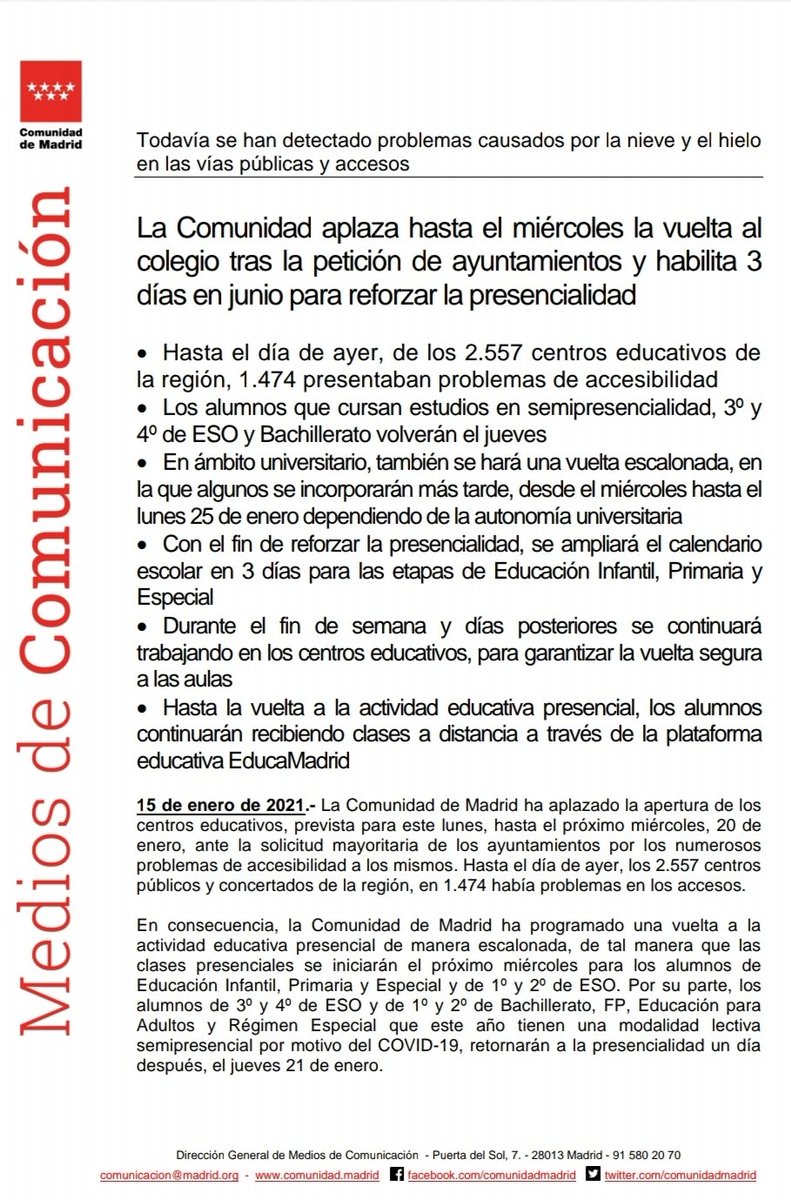 ce_fuenllana's tweet photo. ⭕Atención❗

Nueva prórroga de la suspensión de la actividad presencial en los colegios de la Comunidad de Madrid hasta el miércoles 20

En breve os llegará vía mail las orientaciones concretas para el trabajo de la próxima semana. https://t.co/j8FaD2UX6a