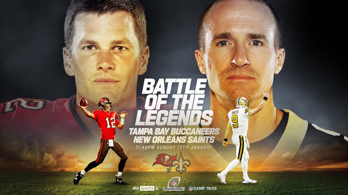 NFLUKIRE's tweet photo. Brady vs Brees for the final time?

🔁 for Bucs
❤️ for Saints

🏈 @Buccaneers vs @Saints
⏰ TONIGHT, 11.40pm GMT
📺 @SkySportsNFL | NFL Game Pass https://t.co/6t9QdOpT89