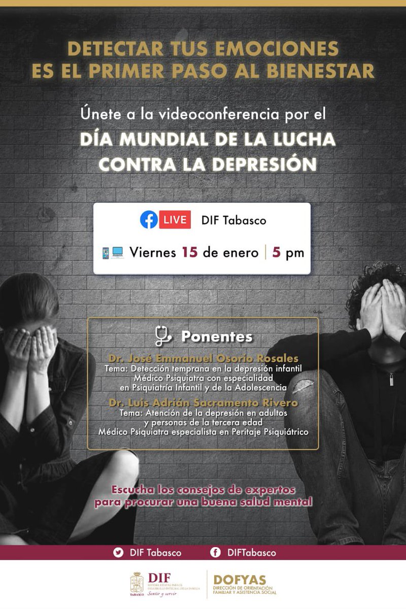 Detectar tus emociones es el primer paso al bienestar.
Únete a la videoconferencia por el Día Mundial de la Lucha contra la Depresión.
🗓Viernes 15 de Enero
⏰17:00 horas
💻https://t.co/sJLQzHyUIv
👨🏻⚕️Dr. José Emmanuel Osorio Rosales
👨🏻⚕️Dr. Luis Adrián Sacramento Rivero https://t.co/p8uWNRo0qZ