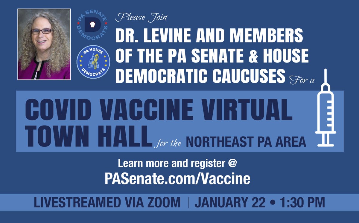 PaSenateDems's tweet photo. Sign up now for @SenJohnBlake #COVID19 Vaccine Virtual Town Hall on Jan. 22.

Join to learn more about the #COVID19 vaccine and PA's vaccine distribution plan.

Register for this free event ⬇️ 
https://t.co/d7tOwvgcQQ https://t.co/um0464J5qd
