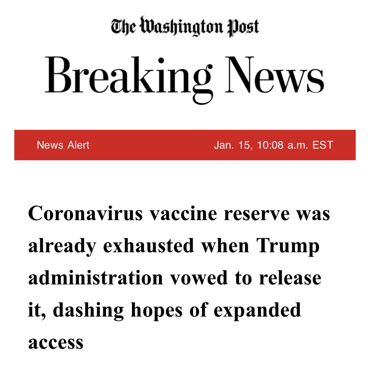 BREAKING—We are out of vaccine reserves! Trump HHS Sec Azar announced this week that the govt would begin releasing  #COVID19 vaccine doses held in reserve for 2nd shots—but no such reserve existed!! Trump HHS had already shipped out reserves end of Dec!  https://www.washingtonpost.com/health/2021/01/15/trump-vaccine-reserve-used-up/