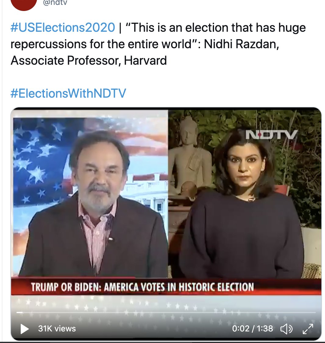 Nidhi is clearly lying about phishing!! Harvard professor Steve Jarding was present on the same panel where  @PrannoyRoyNDTV congratulated Nidhi on her appoint at Harvard!!!! Link to the videos below. See for yourself!! https://twitter.com/ndtv/status/1323665092584513536 https://twitter.com/ndtv/status/1323661482874134528