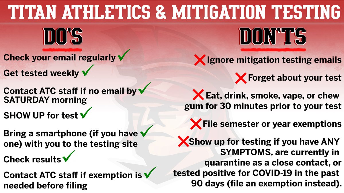 IUSBTitans's tweet photo. 🚨𝐀𝐓𝐓𝐄𝐍𝐓𝐈𝐎𝐍 𝐓𝐈𝐓𝐀𝐍 𝐒𝐓𝐔𝐃𝐄𝐍𝐓-𝐀𝐓𝐇𝐋𝐄𝐓𝐄𝐒🚨
As you approach coming back on @IUSouthBend's campus for athletics, make sure you check out the "Do's & Don'ts" of mitigation testing! ⬇️
#TITANpride⚔️ #HealthyIU #OneIU https://t.co/xwZIHGCnCj