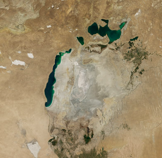 b_nishanov's tweet photo. The Aral Sea, once world's 4th largest lake, began shrinking in the 1960s after the rivers that fed it were diverted for Soviet irrigation projects. These NASA photos show the incomprehensibly quick rate at which the water reserves depleted. 1st photo is 1985, 2nd '97, 3rd 2014. https://t.co/XPgmKsGRp5