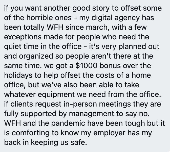 Another good story to mix in. This digital agency not only supports working from home, they gave employees $1,000 to help set themselves up to do so