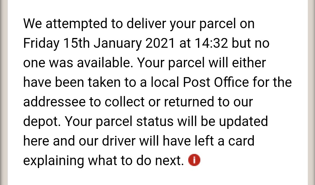 hlnsxx's tweet photo. @parcelforce funny that when I don't have a card and have been sat roughly 6ft away from my front door since about 8am and the phone number is all automated. Thanks for ruining my birthday 👍 https://t.co/cYHMNUJ7cc