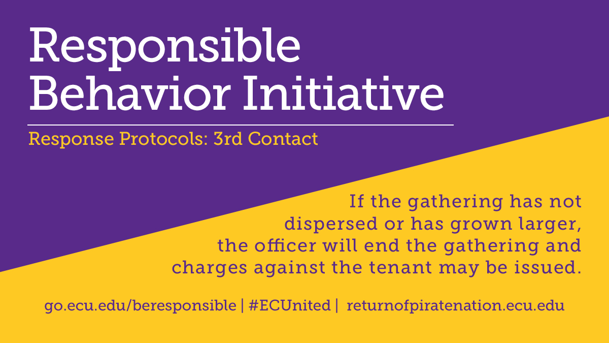 #ECUnited | Response Protocolsrd Response  If the gathering has not dispersed or has grown larger, the officer will end the gathering and charges against the tenant may be issued.  http://go.ecu.edu/beresponsible&nbsp;  http://returnofpiratenation.ecu.edu&nbsp;