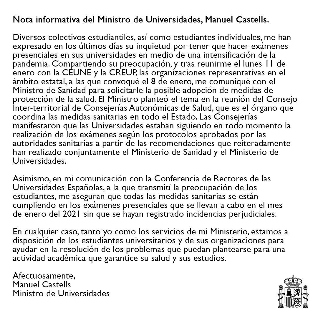 UniversidadGob's tweet photo. 🔴 Nota informativa del Ministro de Universidades, Manuel Castells. https://t.co/3Hg93jd06G