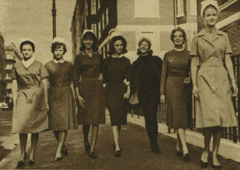 BNArchive's tweet photo. Suggested new uniforms for nurses are modelled at the London Nursing Exhibition at Seymour Hall, Illustrated London News, 26 October 1963 #FridayFashion #UniformHistory #HistNursing https://t.co/Ycn5QN4fcq