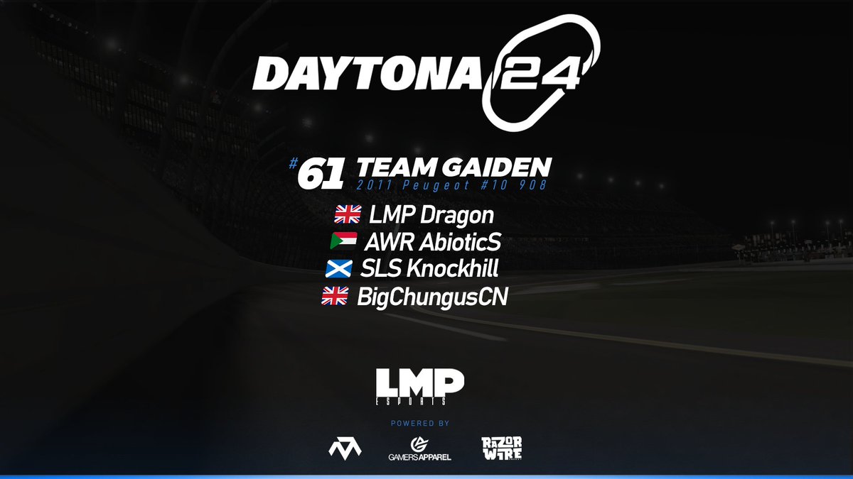 Our final livery reveal and driver line up reveal is the Team Gaiden Peugeot 908. The diesel monster will contest the <a href="/TheReal_TORA/">TORA</a> #24hDaytona with drivers <a href="/SCT_AbioticSoup/">Ahmad Galal</a>, @LMP_pegleg, SLS Knockhill and team owner <a href="/LMP_Dragon/">LMP Dragon</a> at the wheel.

Livery by <a href="/LMPKrispy/">LMP Krispy</a>. #ExceLMP