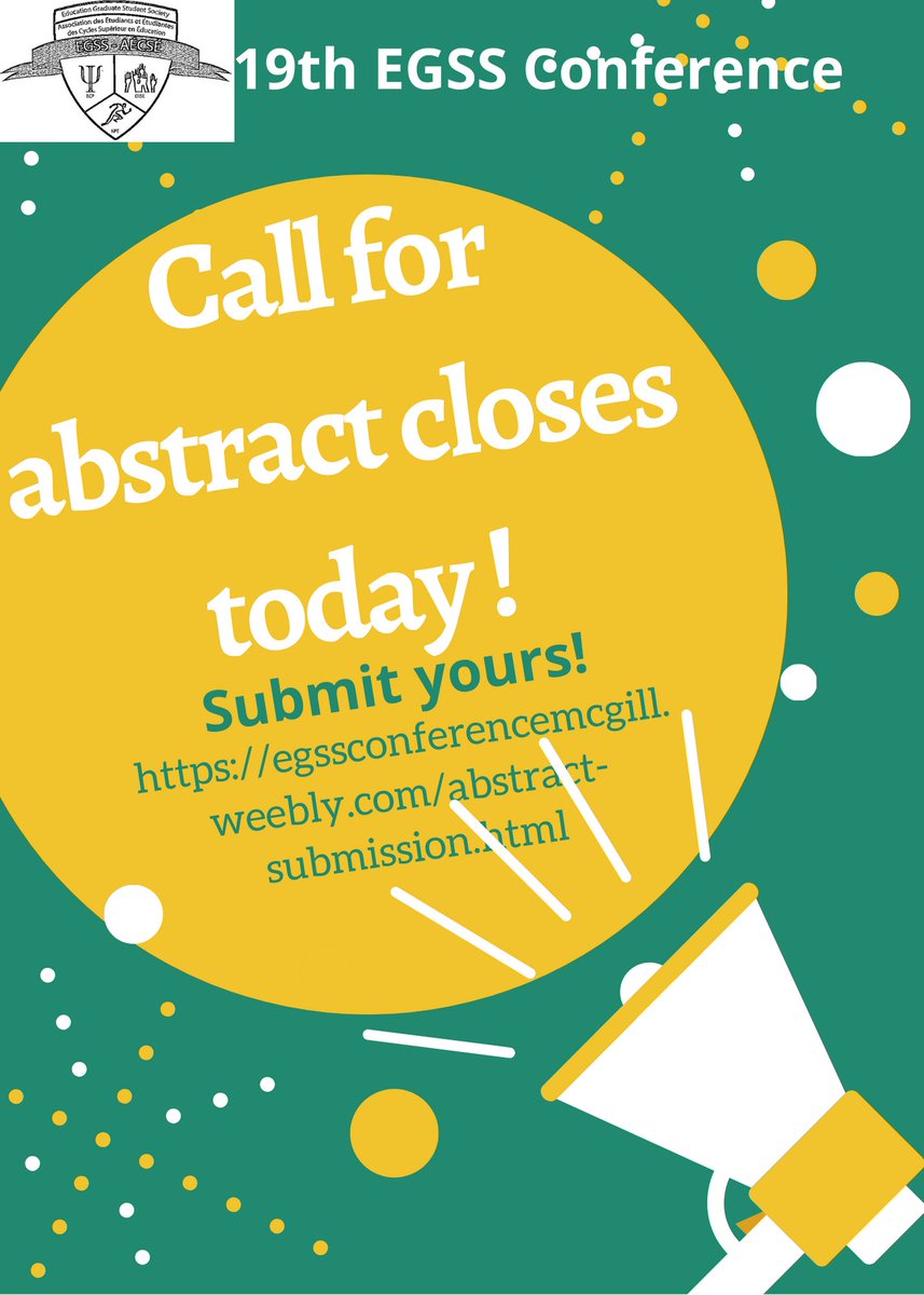 Share your research at our conference. Today, last day to submit your abstract <a href="/phdlife/">Grad Student</a> <a href="/EGSSatMcGill/">EGSS McGill</a> . egssconferencemcgill.weebly.com/abstract-submi…