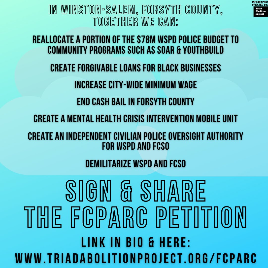 TriadAbolition's tweet photo. 🚨Sign the petition at triadabolitionproject/fcparc. Share it widely🚨
Together, we can prioritize community care.
#abolition #reallocate #defund #raisethewage #endcashbail #mentalhealth #8toabolition #wsnc #forsythcounty #winstonsalem #northcarolina #fcparc https://t.co/1QpchHjGJ0
