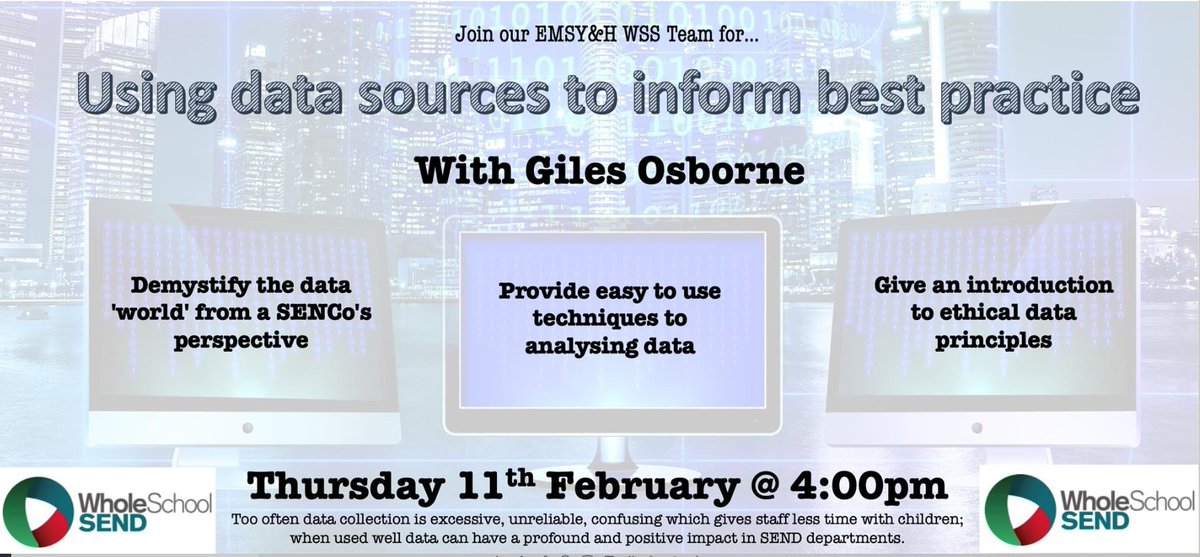 LEARNSENDHub's tweet photo. Great opportunity to attend a webinar with Giles Osbourne, hosted by @WSSemsyhumber
on Using data sources to inform best practice. @WholeSchoolSEND https://t.co/fGsirTMU6h