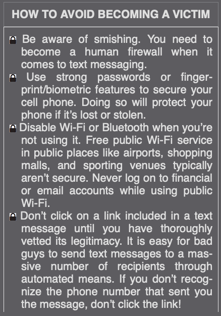 Cyber_Lantern's tweet photo. What did you say? #smishing? smishing is short for SMS #phishing. Another popular tool that #cybercriminals employ to separate you from your information &amp; cash. Yes your phone can be used as point of entry to your info &amp; to your companies info if you are not vigilant. Tips 👇🏼 https://t.co/n43O0wfWnd