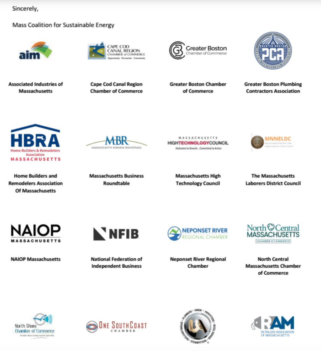 The Mass Coalition for Sustainable Energy, supported by gas pipeline company Enbridge and utilities Eversource and National Grid, lobbied in the summer against an earlier version of the bill. The above real estate groups were part of that effort. 3/  https://www.documentcloud.org/documents/7039413-Mass-Coalition-Letter-to-DeLeo.html