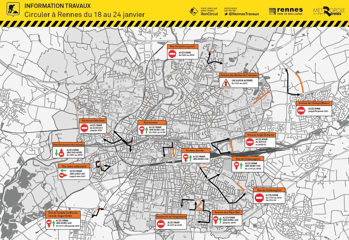 RennesTravaux's tweet photo. [Circuler à #Rennes du 18 au 24 janvier] Retrouvez toutes les infos sur l'appli #RenCircul et sur le site >https://t.co/vrqiPvwibS https://t.co/CF772gqWTa